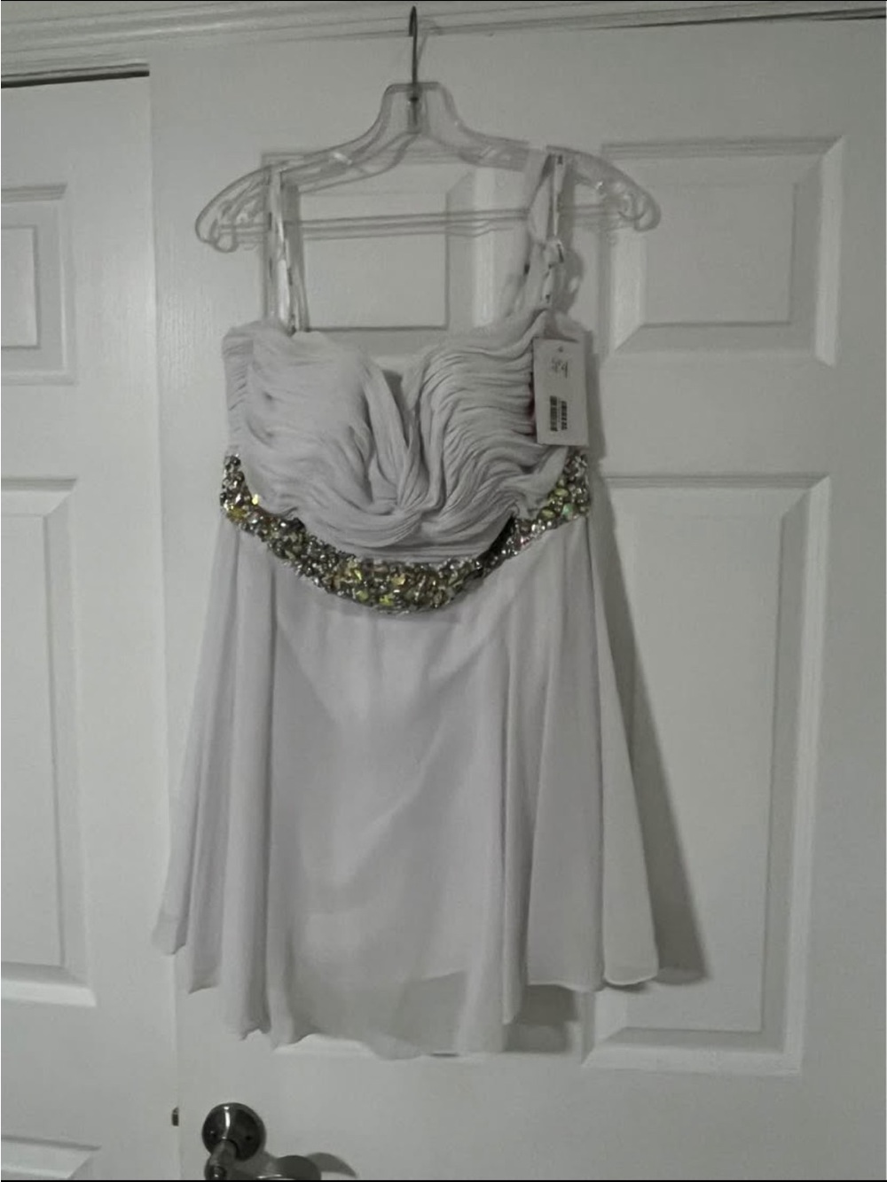 JVN White Mini Dress with Ruched Bodice and Jeweled Waist